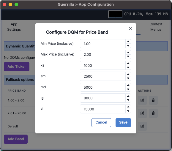 DQM Price Band Config