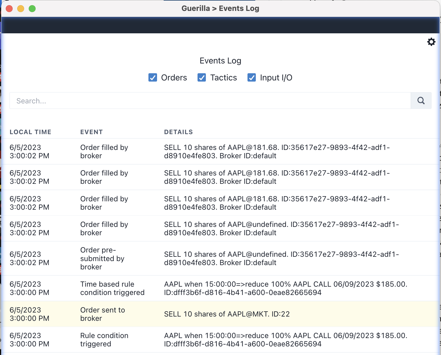 Automated Trading Platform Events Log